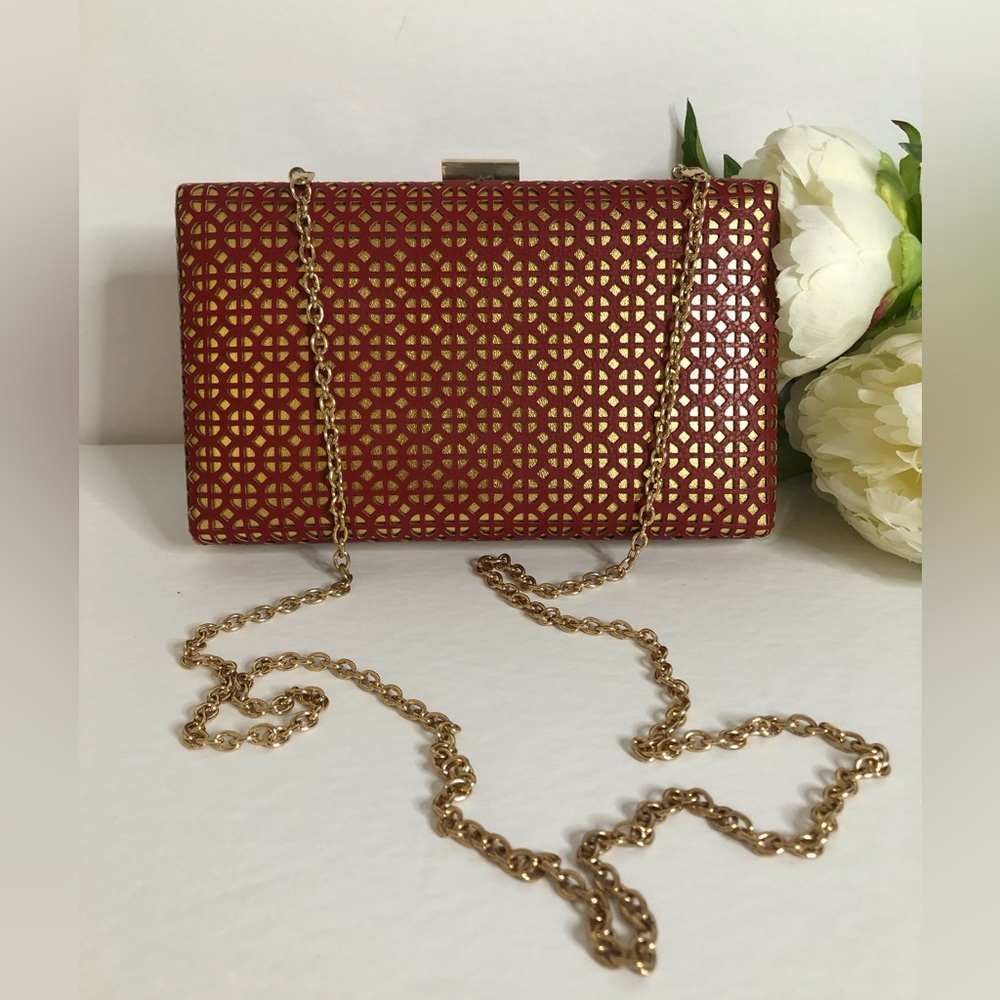 Red & Gold Geometric Cutout Clutch with Chain - Picture 5 of 11